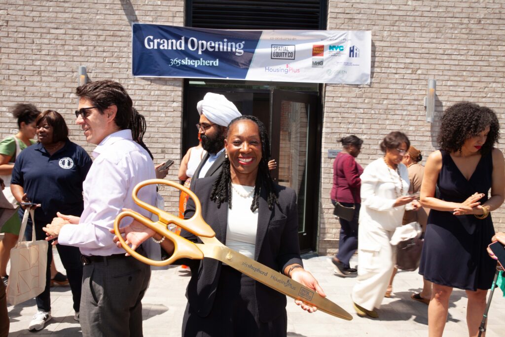 Karen Ford with giant scissors