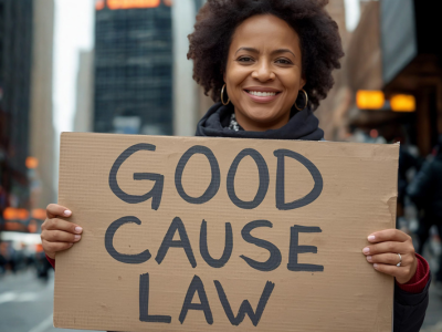 woman holding a sign that says good cause law