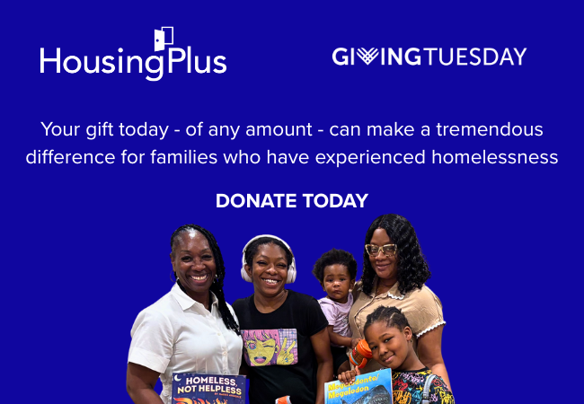 Text reads: Your gift today of any amount can make a tremendous difference for families who have experienced homelessness. Photo shows a woman in a white dress with three young people. Some are holding books, one has the title "Homeless not Hopeless." An adult woman is on the right hand side. All are smiling.