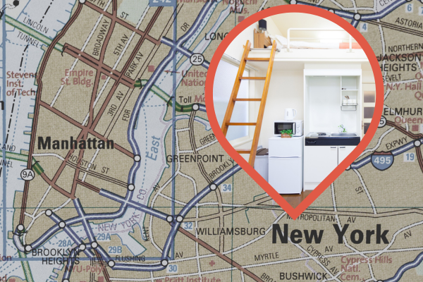 A map of manhattan and brooklyn new york city and a small inset image of a small modest apartment